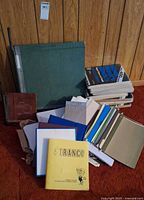 Pile showing paper cutter, folders, binders, sleeves