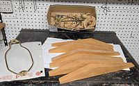 Overall lot: teak wood base pieces, lamp harp, box of brass hardware