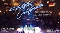Promotional image showing stage view with Hotel California logo, event details, venue and date