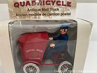 Front view of boxed quadricycle model showing vehicle and driver
