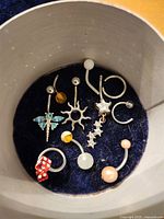 Interior view of box showing all belly rings on blue felt lining
