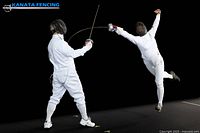 Promotional image showing two fencers in full gear, Kanata Fencing logo present