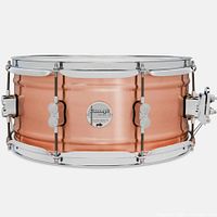 Front view of brushed copper 6.5x14 snare drum showing shell, lugs, throw-off and hoops