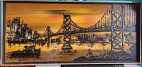 Full front view of framed painting showing bridge and skyline