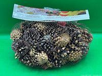 Front view of sealed mesh bag showing pine cones and header tag