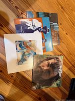 All four record jackets spread on wooden floor showing front artwork