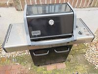Front view of Weber two-burner Spirit propane grill showing lid, thermometer, side shelves, controls, cart