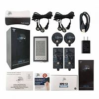 Complete kit layout including unit, electrodes, cables, charger, literature and box