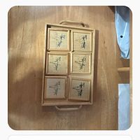 Tray holding six coasters showing bamboo designs