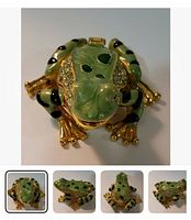 Top view of green enamel frog trinket box showing rhinestones and black spots