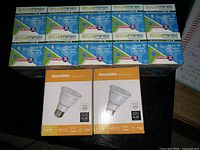 Front view showing 10 Illuminex GU10 boxes and 2 ReneSola PAR20 boxes