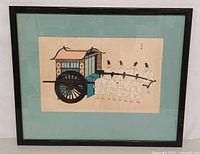 Front view of framed woodblock print with teal mat and black frame