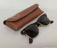 Sunglasses front view beside brown Ray-Ban case