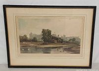 Full view of framed aquatint showing image, mat and frame