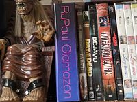 Close view of DVD spines including RuPaul Glamazon, Day of the Dead, Deja Vu, American Gothic and others