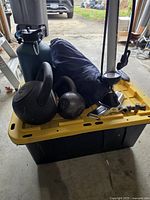 Entire lot showing kettlebells, pump, water bottle, gear bag, fittings on tote