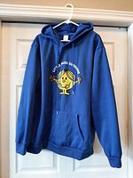 Full view of royal blue Little Miss Sunshine hoodie on hanger