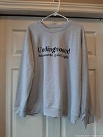 Front view of grey sweatshirt on hanger showing full garment