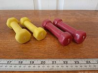 Two yellow and two red 1 lb dumbbells with ruler for scale