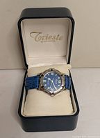 Wristwatch in opened Trieste presentation box displaying dial and strap