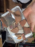 Tray of assorted pottery shards in hand