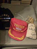 Both hats and both souvenir bags on a surface
