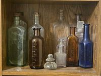 Group of ten vintage bottles in various colors and shapes displayed on wooden shelf