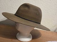 Left side view of olive felt hat showing brim, crown dent, band, vent eyelet