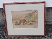 Overall view of framed signed winter scene print showing horse-drawn sleigh, matting, and frame