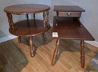 Round and rectangular solid wood side tables showing overall design