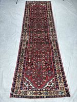 Full view of hand-knotted Hamedan runner rug showing overall design and size