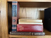 Books on shelf showing spines and titles