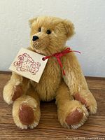 Front view of teddy bear seated with tag and ribbon visible