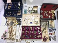 Overview of multiple jewelry boxes and trays filled with assorted costume jewelry pieces