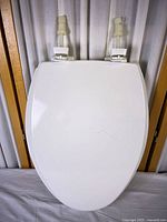 Full view of white elongated toilet seat with attached hinges