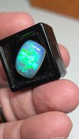Opal in display box showing blue and green play-of-color