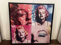 Front view showing four-panel Marilyn Monroe pop art print in black frame