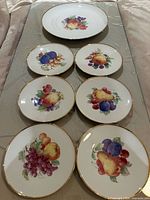 All seven plates showing fruit designs and size difference
