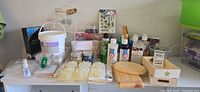 Full lot view showing resin kit, gesso, paints, sprays, molds, wood pieces and accessories