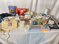 Overall view of mixed craft supplies on table