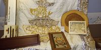 All items grouped: shelf set box, wood platter, framed artworks, cabinet panel