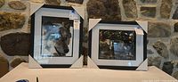 Two framed wolf prints with corner protectors on table against stone wall