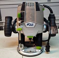 Front view of Blue Hawk plunge router showing handles, base, cord