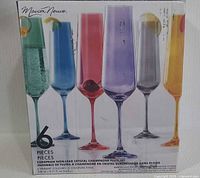 Front of retail box showing six coloured crystal champagne flutes