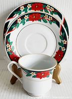 Cup, saucer, side plate showing pattern and scale