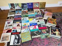 Wide overview of entire vinyl record lot laid out on floor