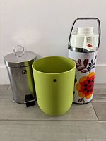 All three items together: airpot thermos, Umbra waste can, stainless pedal bin