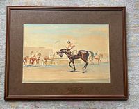 Full view of framed painting showing brown mat and wood frame