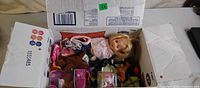 Overview of box contents showing loose doll, plush toys, packaged items