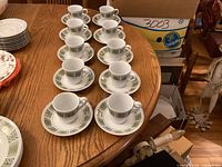 Full set of cups on saucers on table